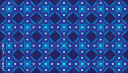 Seamless geometric pattern with blue squares, circles, and diamond shapes in a modern abstract styl