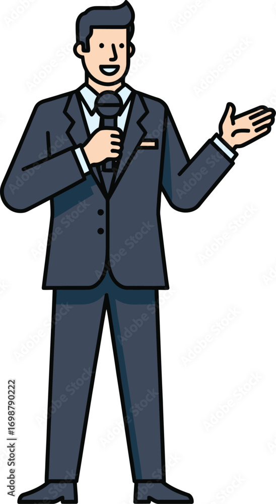 Obraz premium Smiling Businessman Speaking, Confident Presenter with Mic, Man Giving Presentation, Public Speaker Illustration, Corporate Presenter Stock Photo