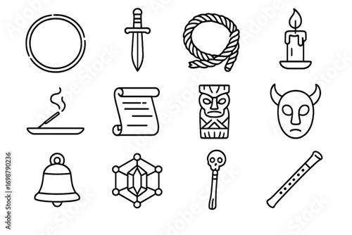 Ritual Tool Icons. Line style icons of summoning and ritual tools: chalk circle, ritual blade, binding rope, spirit candle;