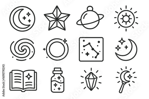 Celestial Magic Icons. Line style icons of celestial magical objects: moon orb, star crystal, planetary charm, solar disk; galaxy