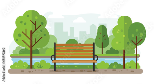 a serene park scene with bench trees and distant cityscape
