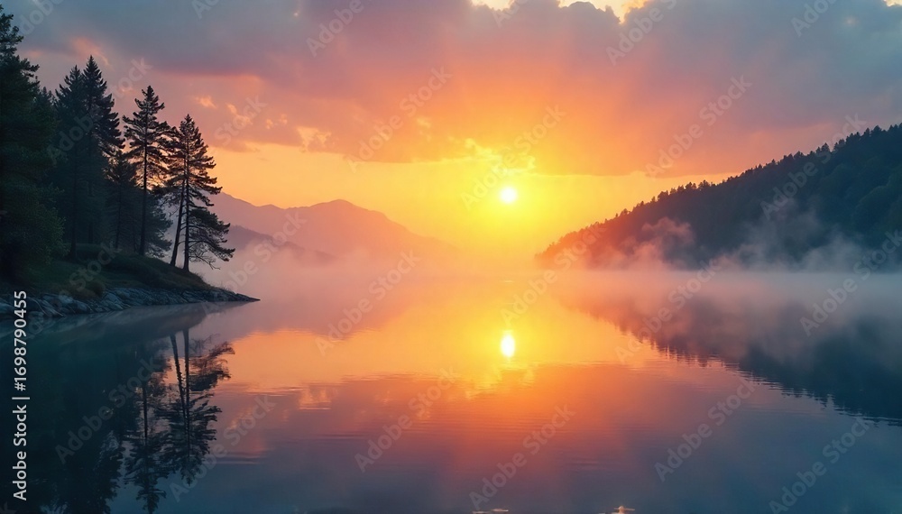 Obraz premium Serene sunrise over a tranquil lake, mist rising, conveying a sense of peace and inner calm, perfect for meditation and spiritual reflection , spiritual, calm, belief