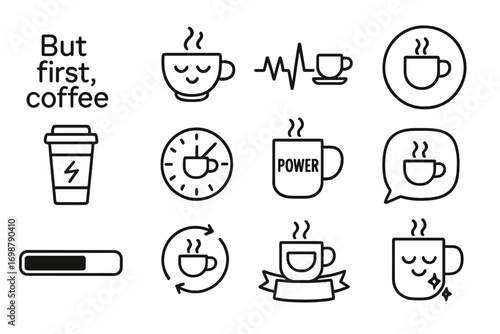 Coffee Icons Collection. Line style icons of coffee quotes and moods: “But first, coffee” design, “Espresso yourself” sketch,