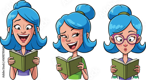 Cartoon blue-haired characters reading green books with joyful, curious, and mischievous expressions – emotional reactions, education, storytelling, fun