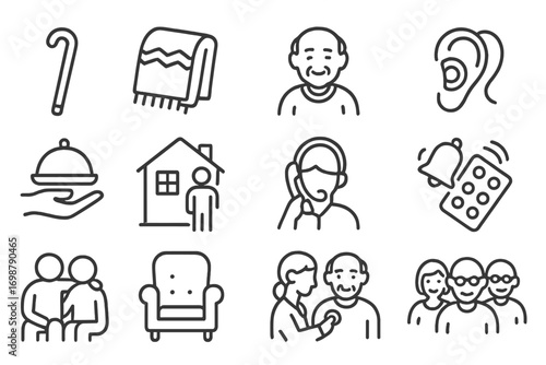 Elderly Care Icons. Line style icons of elderly support: walking cane, cozy blanket, elder smile, hearing aid; meal delivery, home