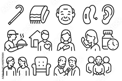 Elderly Care Icons. Line style icons of elderly support: walking cane, cozy blanket, elder smile, hearing aid; meal delivery, home