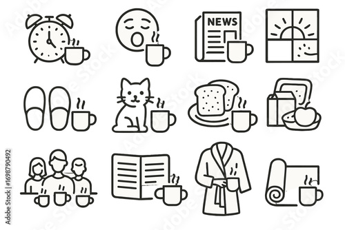 Morning Ritual Icons. Line style icons of morning rituals with coffee: alarm clock and cup, yawning face with mug, newspaper and