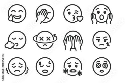 Animated Emotion Icons. Line style icons of animated emotion icons: joy tear, facepalm, blowing kiss, silent scream; sigh cloud,