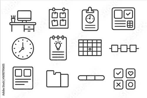 Workspace Organization Icons. Line style icons of workspace organization: tidy desk plan, pinned sticky wall, clock and noteboard,