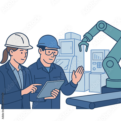 In a high‑tech factory workshop, a professional female engineer and a male machinery operator use an industrial digital tablet to work and program a robot arm for the production line, surrounded by