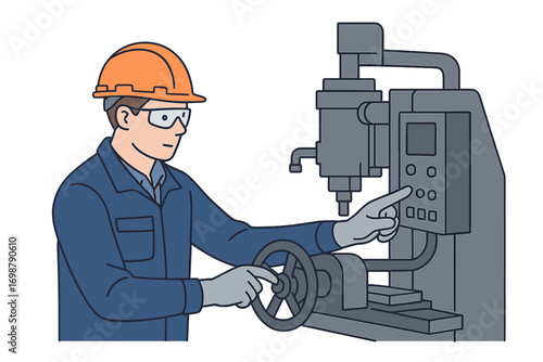 Industrial engineers, technicians, and factory workers wear hard hats and safety glasses while inspecting, setting up, and operating heavy machinery in a manufacturing facility