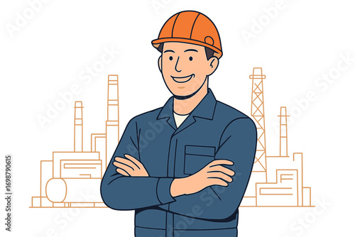 A smiling male engineer in work uniform, helmet positioned at the factory, confidently stands at the industrial site with arms crossed, while a foreman and technician work in the manufacturing