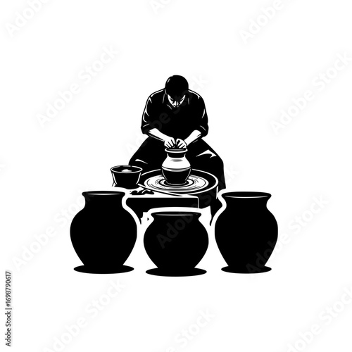 Artistic silhouette of a potter working at a wheel with finished clay pots below isolated on white background isolated on transparent background