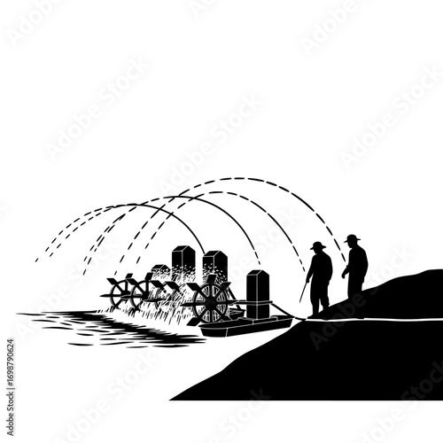 Vintage illustration of workers operating a water wheel pump system for irrigation on a riverbank silhouette isolated on white background isolated on transparent background