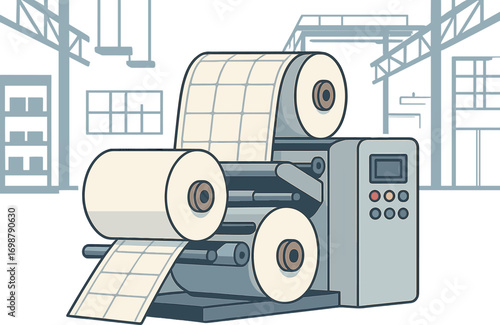 A close-up of a label printing machine rolling against a modern factory backdrop, showcasing an industrial packaging production concept for advertisements