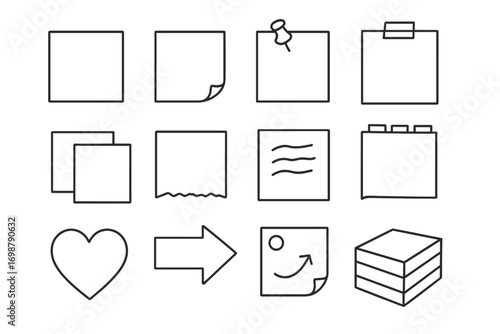 Sticky Note Icons. Line style icons of sticky note styles: square note, curled corner sticky, pinned sticky, taped paper;