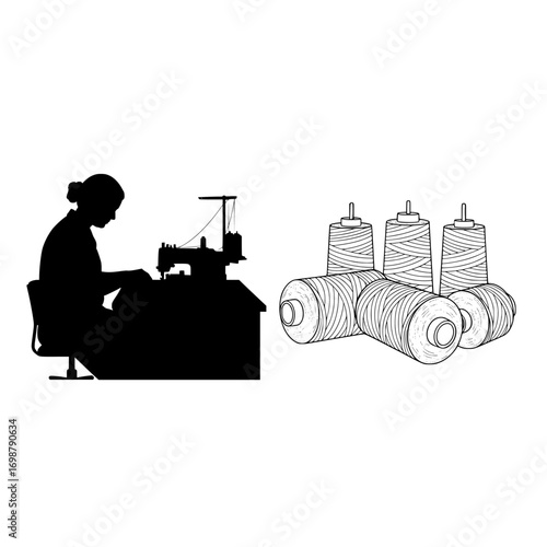 Silhouette of a woman sewing at a vintage sewing machine next to a detailed line drawing of a complex engine silhouette isolated on white background isolated on transparent background