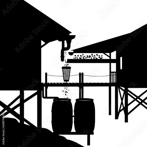 Silhouette of a rustic wooden stilt house with a pier and barrels isolated on white background isolated on transparent background
