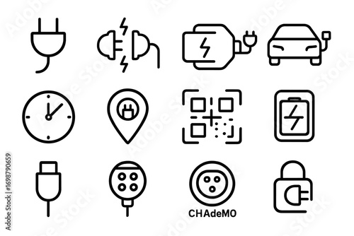 Charging Icons Collection. Line style icons of charging interface elements: plug icon, blinking battery, connect animation, car