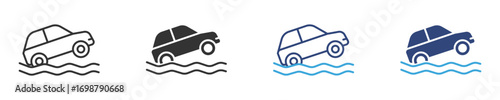  Car submerged in water, flood street and a flood road icon set, Emergency situation, danger of falling car in sea. Vehicle in water. Vector illustration . 