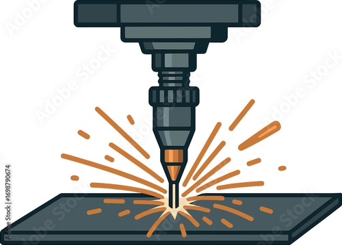 Industrial manufacturing process using a laser cutting machine, featuring sparks and precise equipment