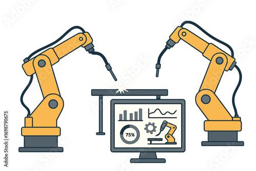 Intelligent factory automation employs robot arms and machines equipped with real‑time monitoring software for welding robotics and digital manufacturing operations