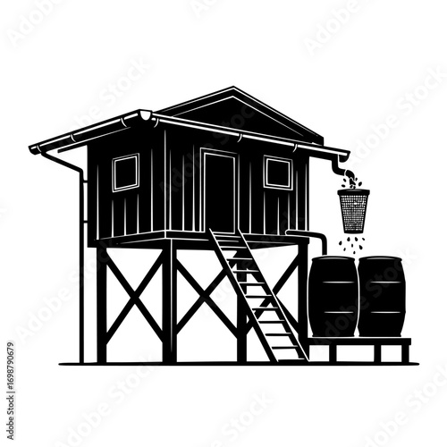 Silhouette of a rustic wooden stilt house with a pier and barrels isolated on white background isolated on transparent background