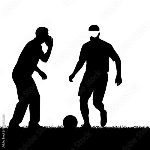 Blind football player dribbling with guide call – vector silhouette isolated