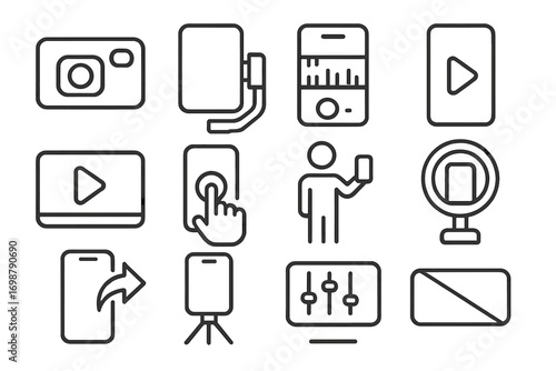 Mobile Filmmaking Icons. Line style icons of mobile filmmaking: smartphone camera icon, phone on gimbal, mobile app edit, vertical