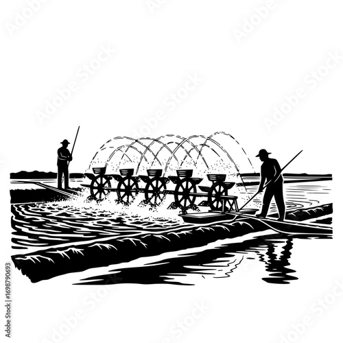 Vintage illustration of workers operating a water wheel pump system for irrigation on a riverbank silhouette isolated on white background isolated on transparent background