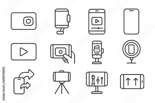 Mobile Filmmaking Icons. Line style icons of mobile filmmaking: smartphone camera icon, phone on gimbal, mobile app edit, vertical