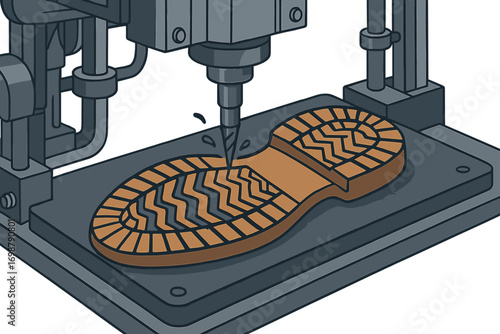 A close-up of the shoe sole manufacturing process shows a machine working on a rubber sole with an intricate pattern, highlighting industrial footwear production in a factory setting that emphasizes