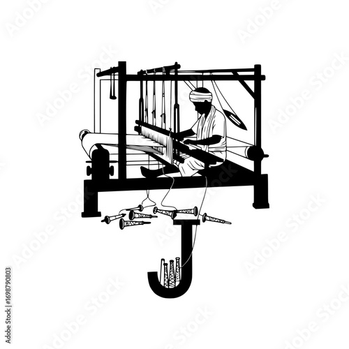 Traditional indian weaver operating a handloom weaving machine in a silhouette style isolated on white background isolated on transparent background