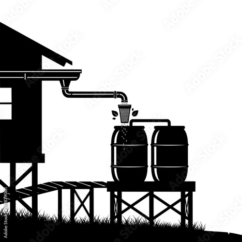 Silhouette of a rustic wooden stilt house with a pier and barrels isolated on white background isolated on transparent background