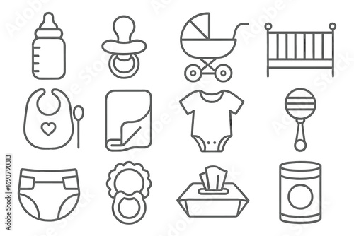 Baby Essentials Icons. Line style icons of baby essentials: baby bottle, pacifier, stroller, crib; bib with spoon, baby blanket,