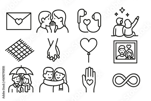 Romantic Icon Set. Line style icons of romantic expressions: love letter, whispering couple, shared music, stargazing duo; picnic