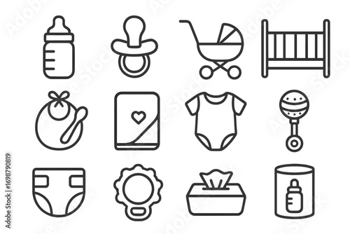 Baby Essentials Icons. Line style icons of baby essentials: baby bottle, pacifier, stroller, crib; bib with spoon, baby blanket,