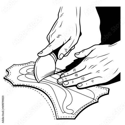 Leather craftsman round-knife cutting pattern piece silhouette vector with white background on transparent background 