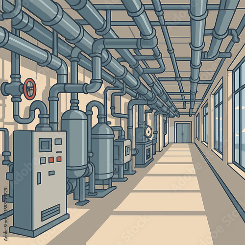 A modern corridor featuring metal pipes and industrial machinery inside a factory on a sunny day