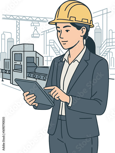 A female chief engineer in a contemporary industrial plant uses a tablet to conduct an audit