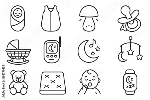 Baby Sleep Essentials Icons. Line style icons of sleep essentials: swaddle, sleep sack, night light, pacifier with blanket;