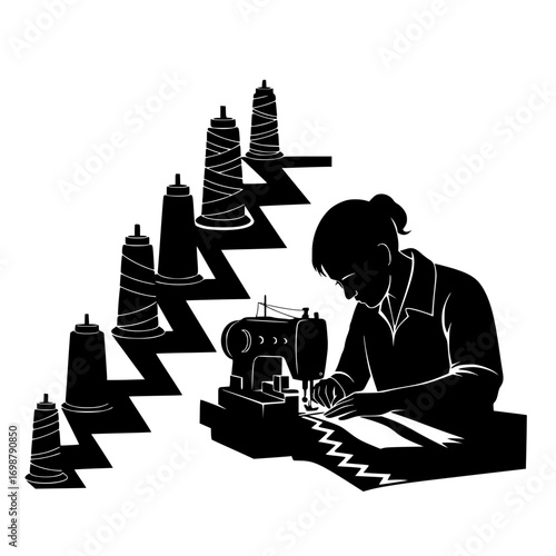Silhouette of a woman sewing with a vintage sewing machine surrounded by spools of thread isolated on white background isolated on transparent background