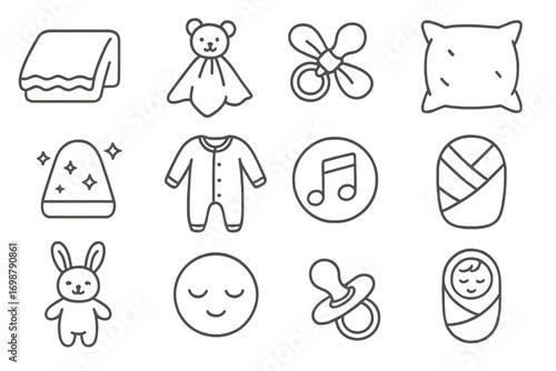 Baby Comfort Icons. Line style icons of baby comfort items: soft blanket, lovey toy, pacifier with ribbon, cozy pillow; night