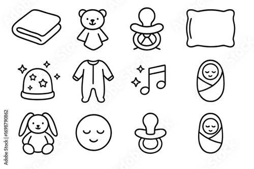 Baby Comfort Icons. Line style icons of baby comfort items: soft blanket, lovey toy, pacifier with ribbon, cozy pillow; night