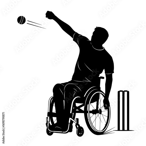 Silhouette of a disabled athlete in a wheelchair bowling a cricket ball during a match isolated on white background isolated on transparent background
