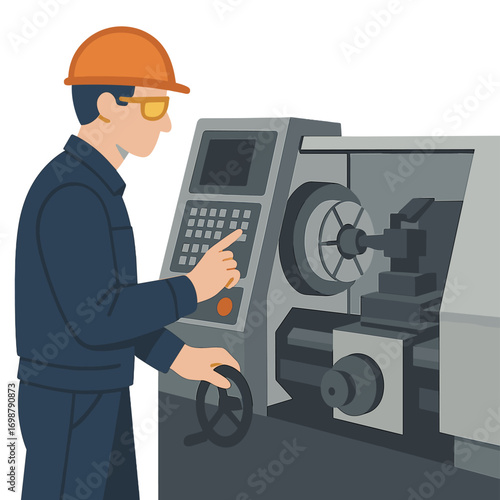 Metal industry worker operating a modern CNC lathe