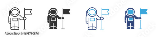 Astronaut spaceman  holding flag  icon set in outline and flat style , vector illustration. 