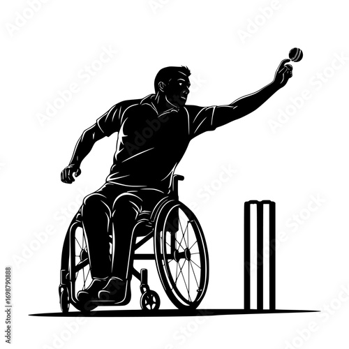 Silhouette of a disabled athlete in a wheelchair bowling a cricket ball during a match isolated on white background isolated on transparent background