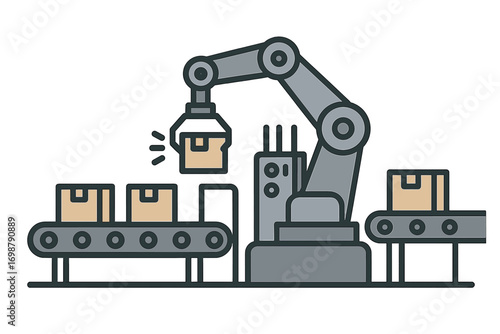 An automated assembly line runs seamlessly as a robotic arm sorts boxes, marking the present as the future of logistics and manufacturing