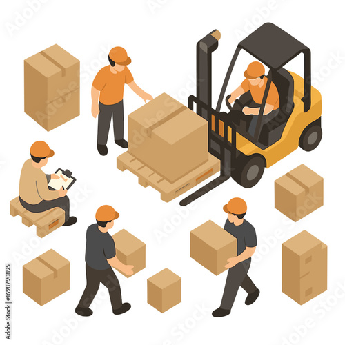 From a top‑down perspective, warehouse workers use a forklift to lift a pallet containing a cardboard box, while the logistics distribution center prepares products for global shipment and customer